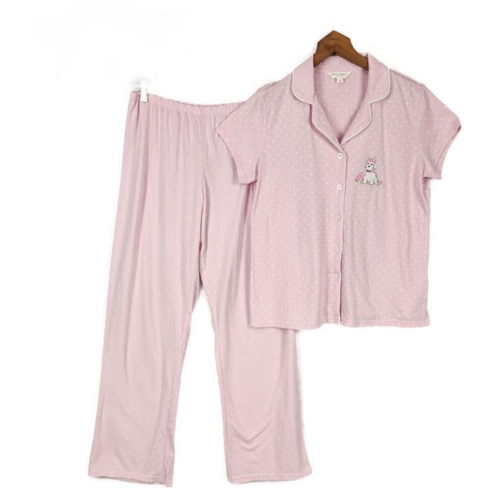 Laura Ashley Pajama Set Pink Polka Dot Sz M Scottie Dog 2pc PJs Cotton Sleepwear